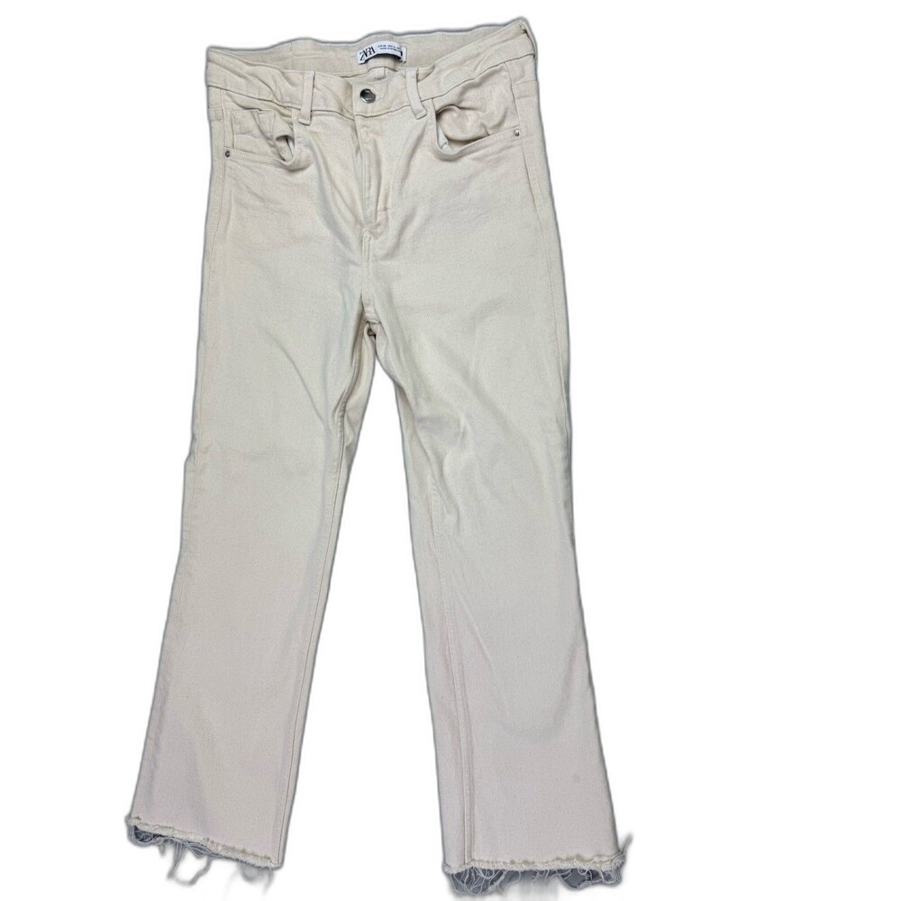 Zara Size 6 Womens Jeans Straight Crop Raw Hem Off White Mid Rise Stretch